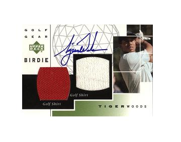 Tiger Woods signed card and swatches from worn shirts