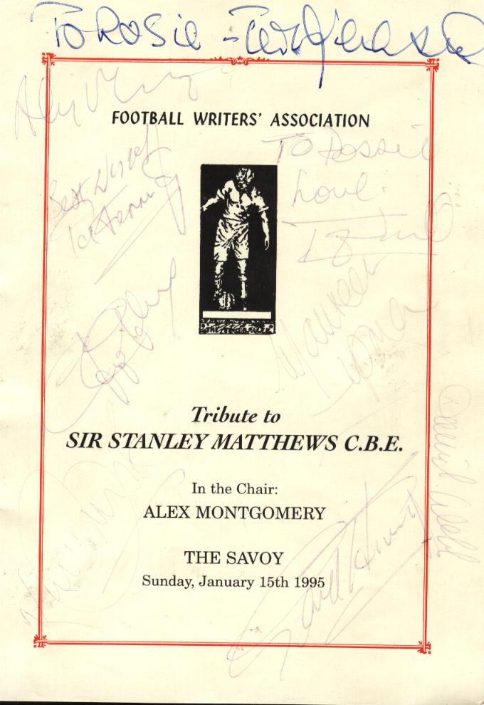 Stanley Mathews Tribute menu lots of signatures including Stanlety Mathews