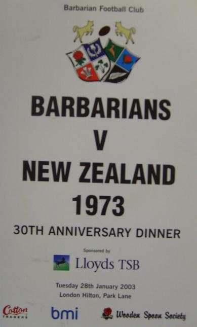 Autographed Barbarians v New Zealand 30th Anniversary Dinner programme