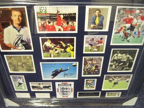 Amazing England montage signed by Stuart Pearce, Michael Owen, Mick Channon, Alan Shearer, Dave Watson, Martin Peters, Gordon Banks, Phil Thompson, Malcolm McDonald, Gary Stevens, Teddy Sherringham, Sir Geoff Hurst, Steve Coppell, Peter Shilton