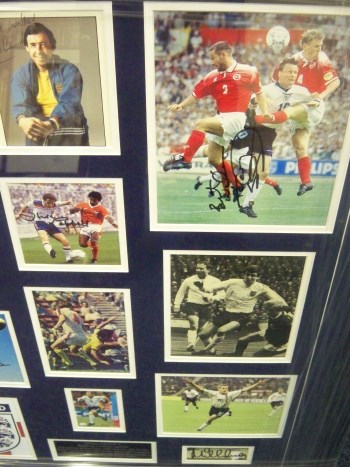 Amazing England montage signed by Stuart Pearce, Michael Owen, Mick Channon, Alan Shearer, Dave Watson, Martin Peters, Gordon Banks, Phil Thompson, Malcolm McDonald, Gary Stevens, Teddy Sherringham, Sir Geoff Hurst, Steve Coppell, Peter Shilton