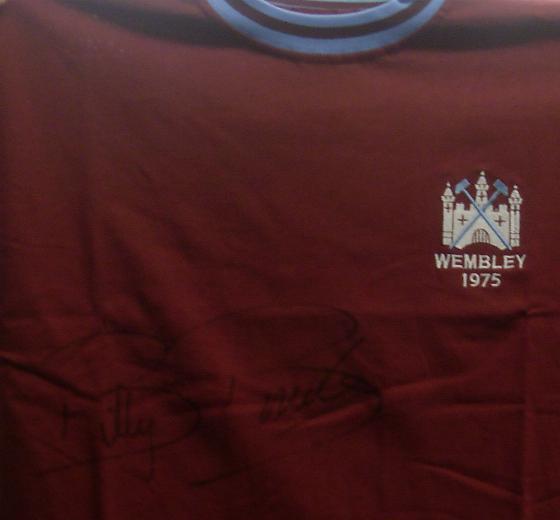 1975 replica  West Ham shirt signed by Billy Bonds