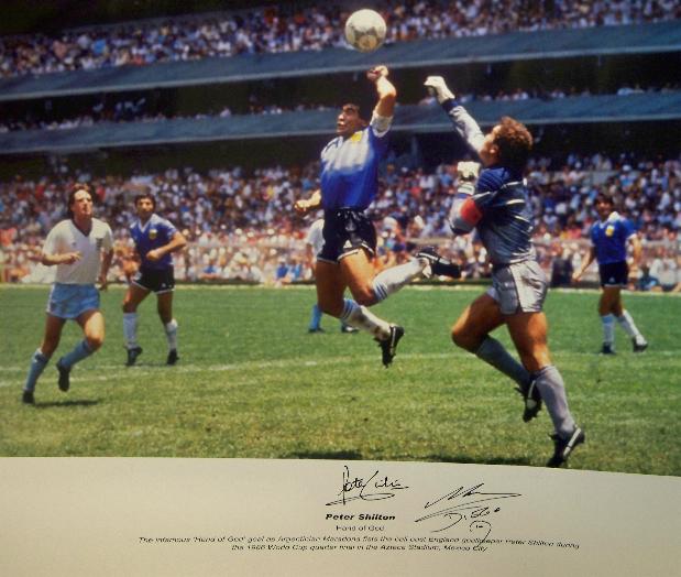 Hand of God image signed by Maradona and Peter Shilton