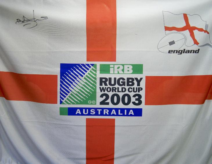 World cup 2003 flag large signed by Lawrence Dallaglio 