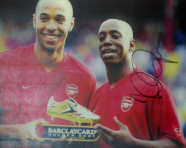 Ian Wright  signed picture presenting golden boot to Thierry Henry 