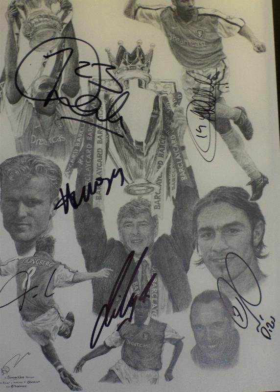 Arsenal legends signed pencil drawing signed by thierry Henry, Robert Pires, Freddie Ljungberg, Arsene Wenger, Patrick Viera  