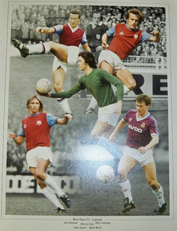 West Ham across the decades signed by Mervyn Day, Ken Brown, Alan Taylor, & Mark Ward