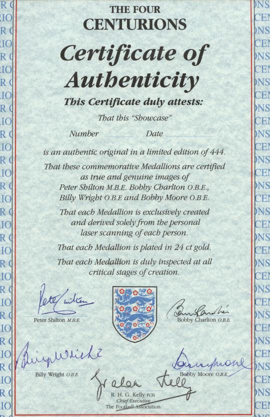 Bobby Moore Bobby Charlton Peter Shilton Billy Wright and Graham Kelly Signed Certificate
