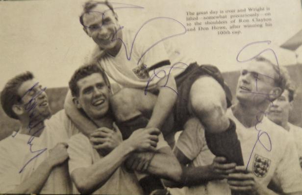 Billy Wright, Don Howe, Peter Broadbent signed England picture