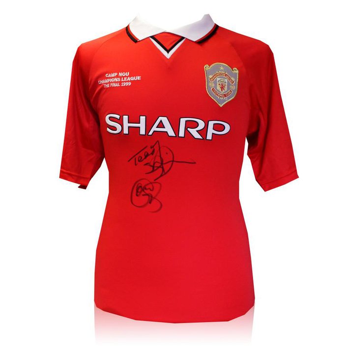 Sherringham and Ole Gunnar Solskjaer signed 1999 replica shirt 