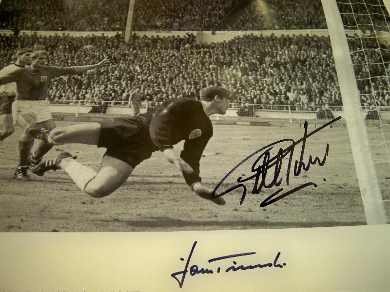 Large World cup 1966 picture of the disputed goal  signed by the goal keeper Hans Tilkowski  & Geoff Hurst