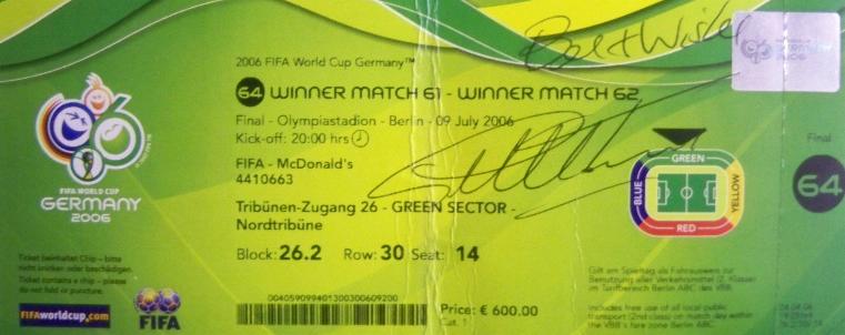 world Cup final ticket 2006 signed by Sir Geoff Hurst