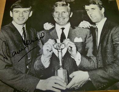 Geoff Hurst Bobby Moore and Martin Peters signed by Martin Peters