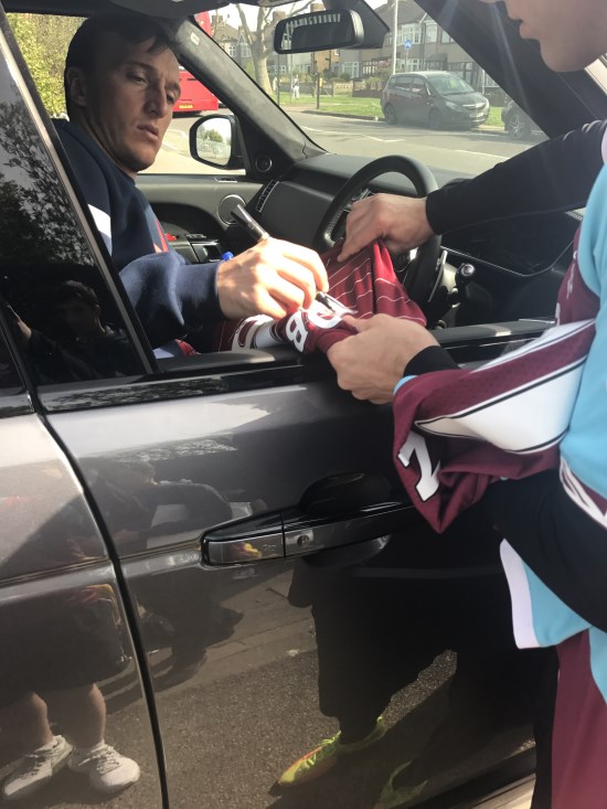 Mark Noble worn West Ham shirt signed with pics of Mark Noble signing