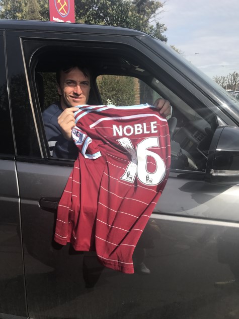 Mark Noble worn West Ham shirt signed with pics of Mark Noble signing