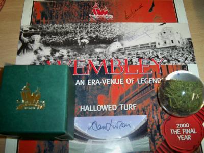 Original Wembley Turf  Paperweight offical Wembley certificate signed for us by Peter Osgood Peter Bonetti and Alan Hudson