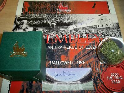 Original Wembley Turf  Paperweight certificate signed by Manchester Utd Legends Nobby Stiles and Alex Stepney