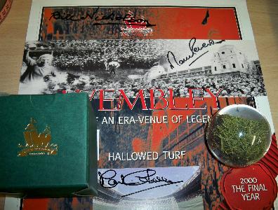 Original Wembley Turf  Paperweight with certificate signed for us by Tottenham legends Bill Nicholson, Martin Chivers and Martin Peters