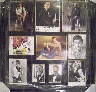Snooker legends presentation with signed images from Tony Meo, Cliff Thorburn, Ray Reardon, Stephen Hendry, Allison Fisher, John Virgo, and Mike Hallett 