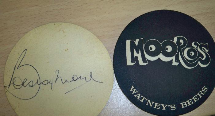 Bobby Moore signed Beer mat from his own Venue