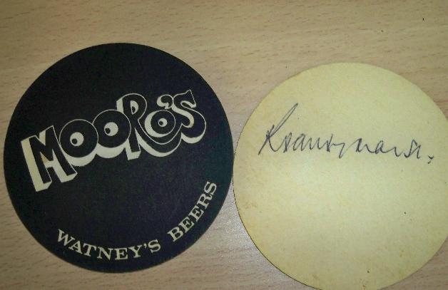 Rodney Marsh signed Beer Mat from Bobby Moore's pub/club