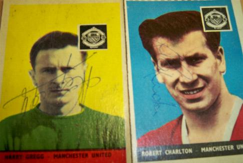 Bobby Charlton and Harry Greg signed AB&C cards rare