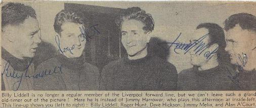 Billy Liddell Roger Hunt Jimmy Melia, and Alan A'court signed newspaper image