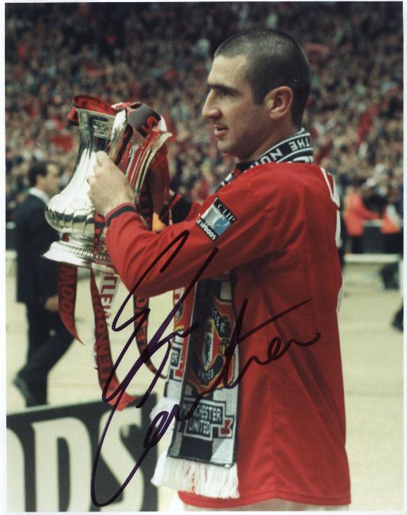 Eric Cantona signed photo with FA Cup
