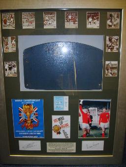 England 1966 collage plus an original 1966 seatback from Wembley signed by Hurst and Peters