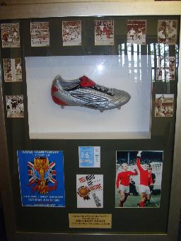 Sir Geoff Hurst signed boot plus replica ticket & programme cover and other photos framed