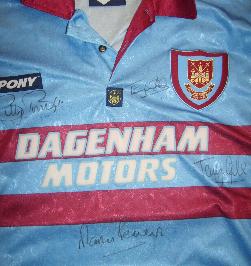 West Ham pony Away centenary shirt signed by Billy Bonds, Martin Peters and Martin Peters