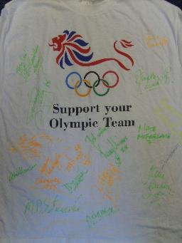 Olympic tee shirt multi signed approx 17 autographs Paula Radcliff, Kelly Holmes, Sally Gunnell